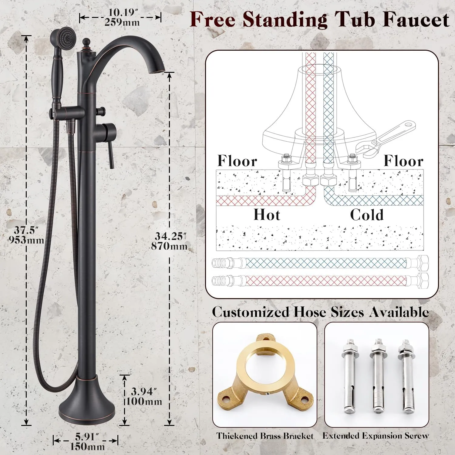 Freestanding Bathtub Faucet, Classic Free Standing Tub Faucet with Retro Handheld Sprayer High Flow Max 7.04GPM Floor Mounted Tub Fillers Swivel Spout Tub Faucets Oil Rubbed Bronze (WT-9002ORB)