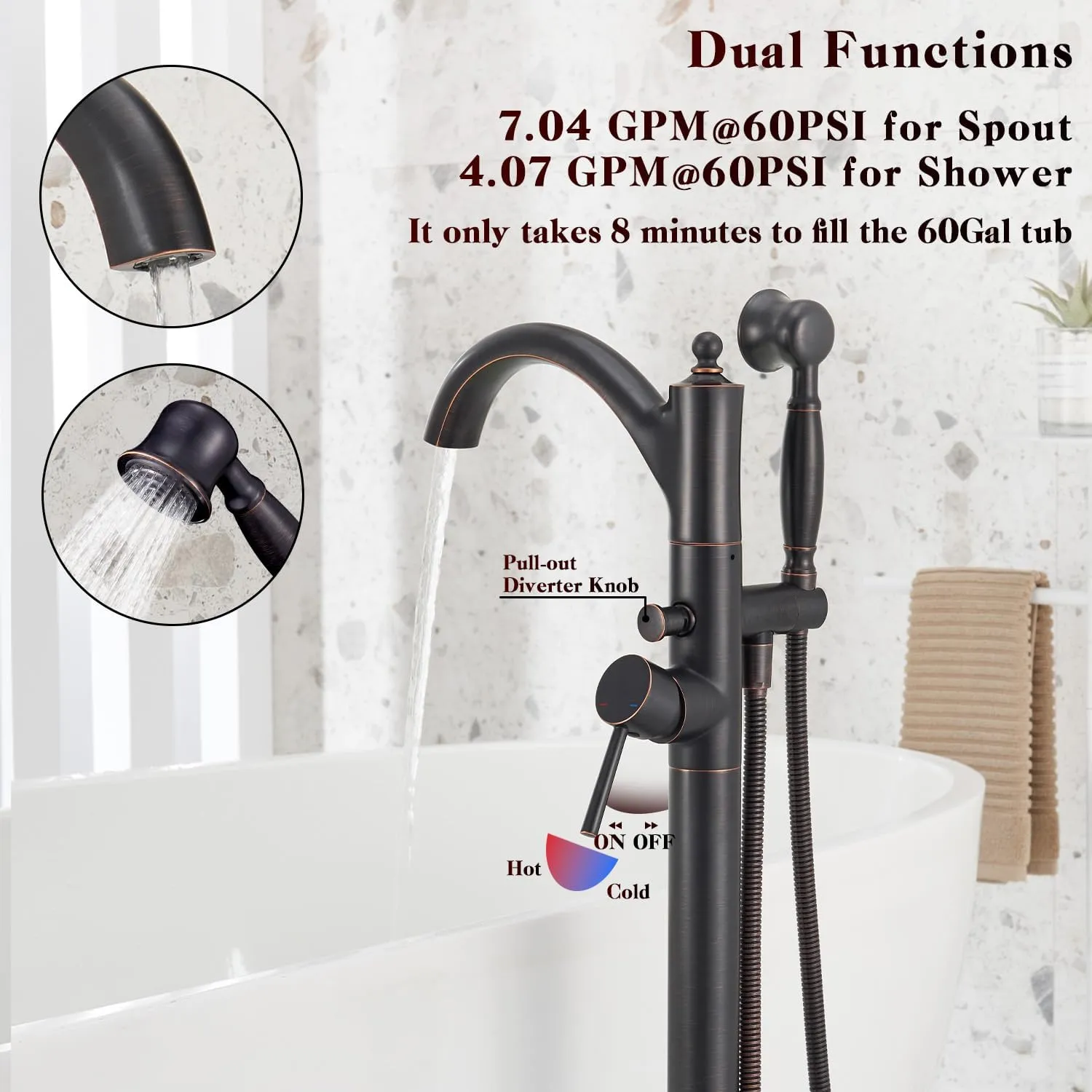 Freestanding Bathtub Faucet, Classic Free Standing Tub Faucet with Retro Handheld Sprayer High Flow Max 7.04GPM Floor Mounted Tub Fillers Swivel Spout Tub Faucets Oil Rubbed Bronze (WT-9002ORB)