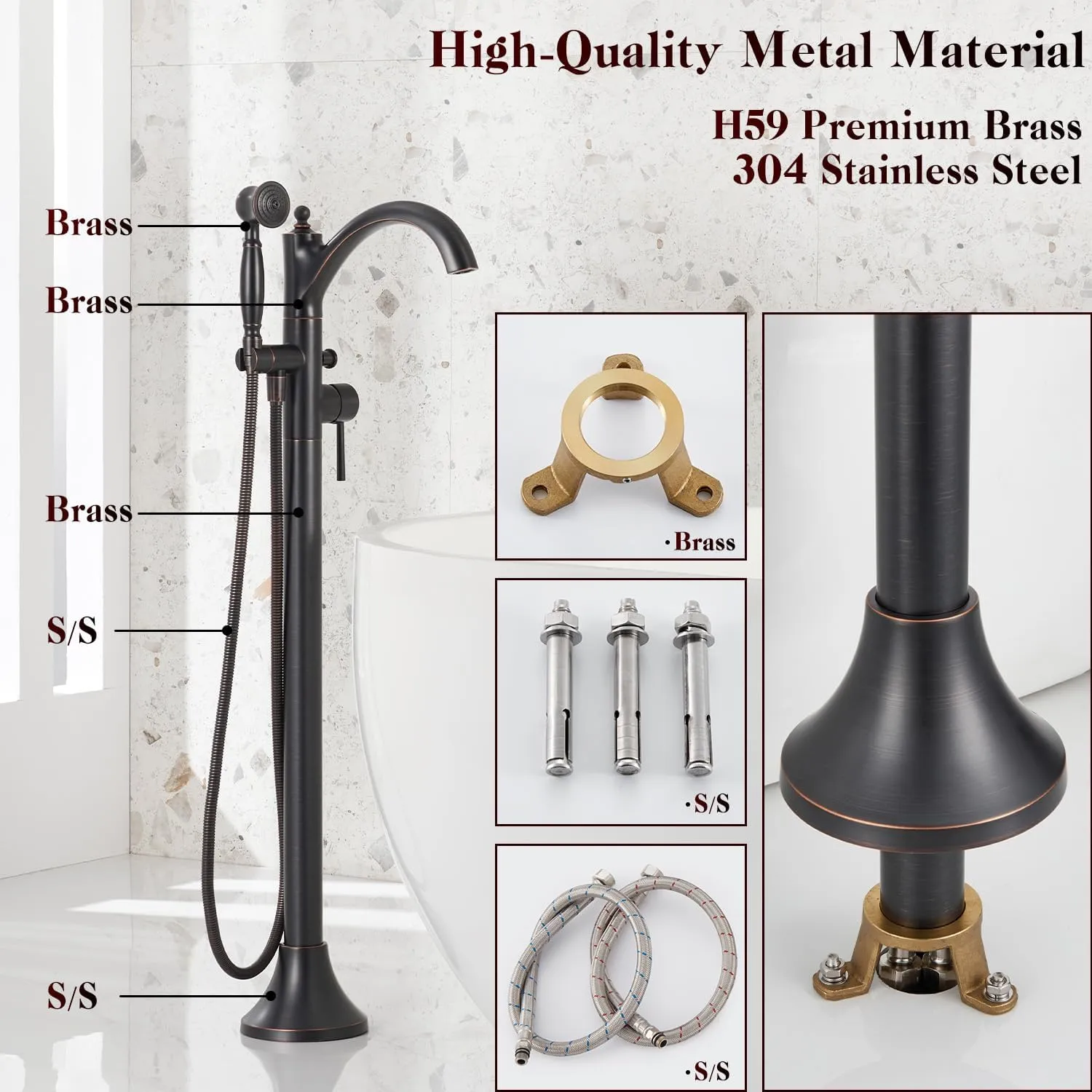 Freestanding Bathtub Faucet, Classic Free Standing Tub Faucet with Retro Handheld Sprayer High Flow Max 7.04GPM Floor Mounted Tub Fillers Swivel Spout Tub Faucets Oil Rubbed Bronze (WT-9002ORB)
