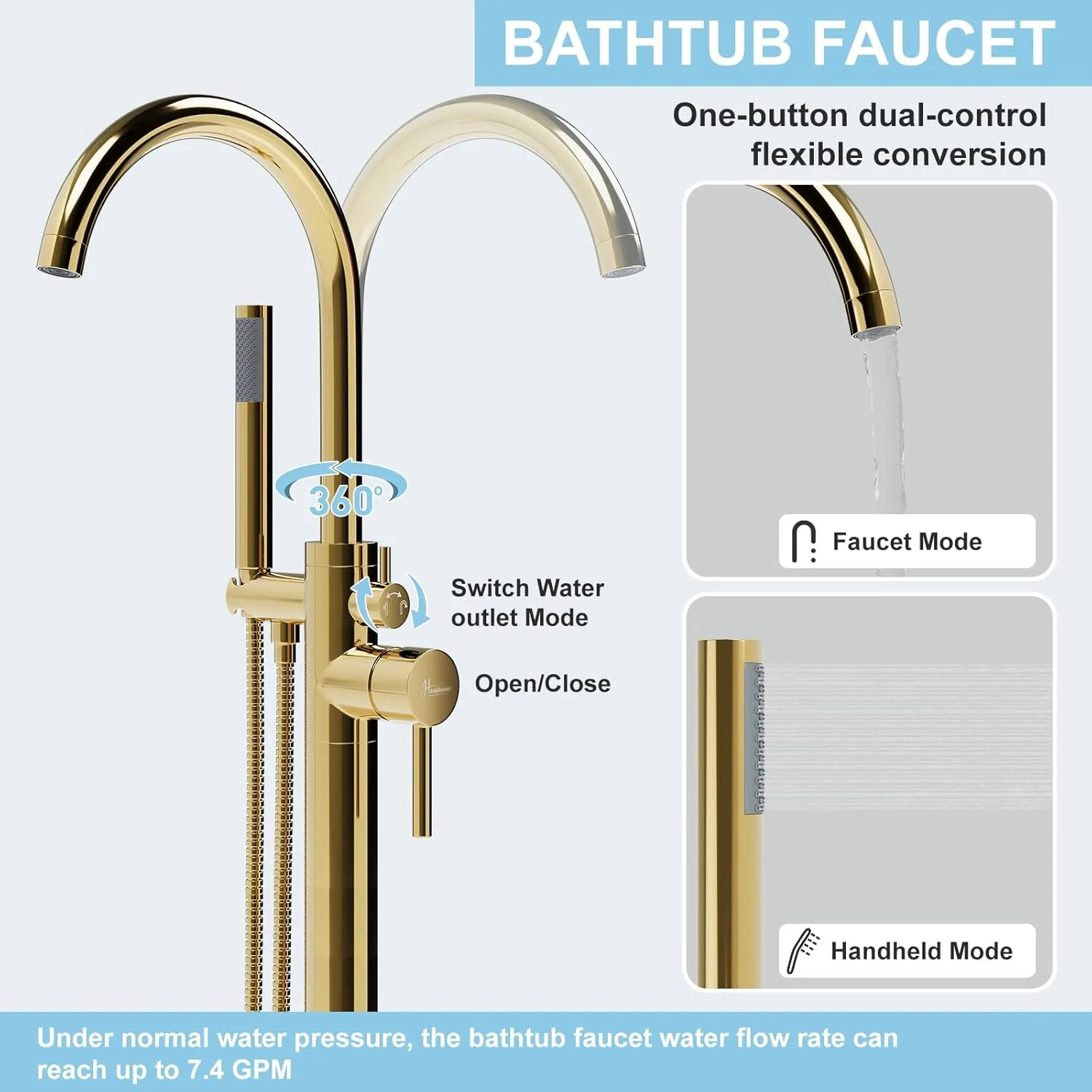 Freestanding Bathtub Faucet, Floor Mount Bathtub Faucet with 2 Water Outlet Modes, Swivel Gooseneck Spout with Hand Shower, Brass Single Handle Tub filler, Max Flow Rate 7.4 GPM, Gold