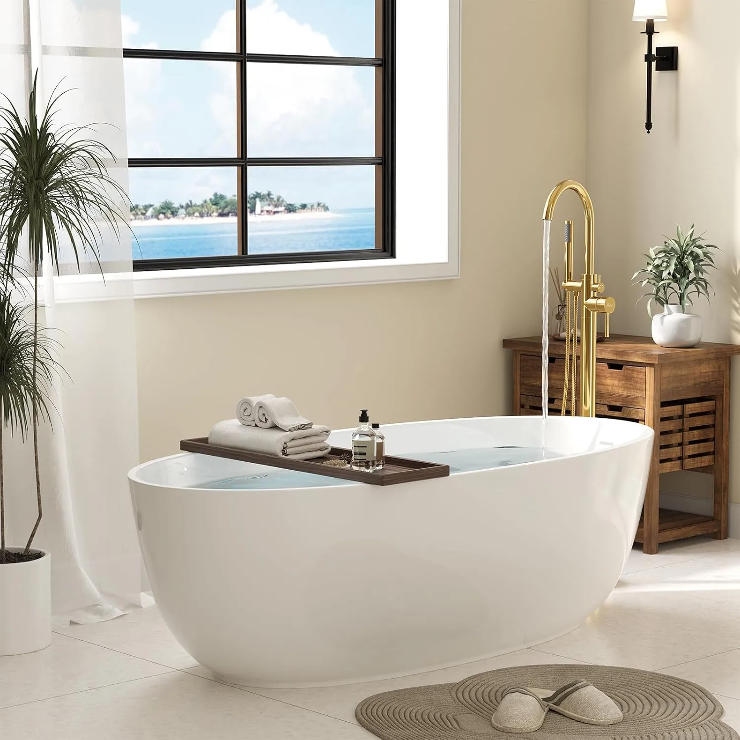 Freestanding Bathtub Faucet, Floor Mount Bathtub Faucet with 2 Water Outlet Modes, Swivel Gooseneck Spout with Hand Shower, Brass Single Handle Tub filler, Max Flow Rate 7.4 GPM, Gold