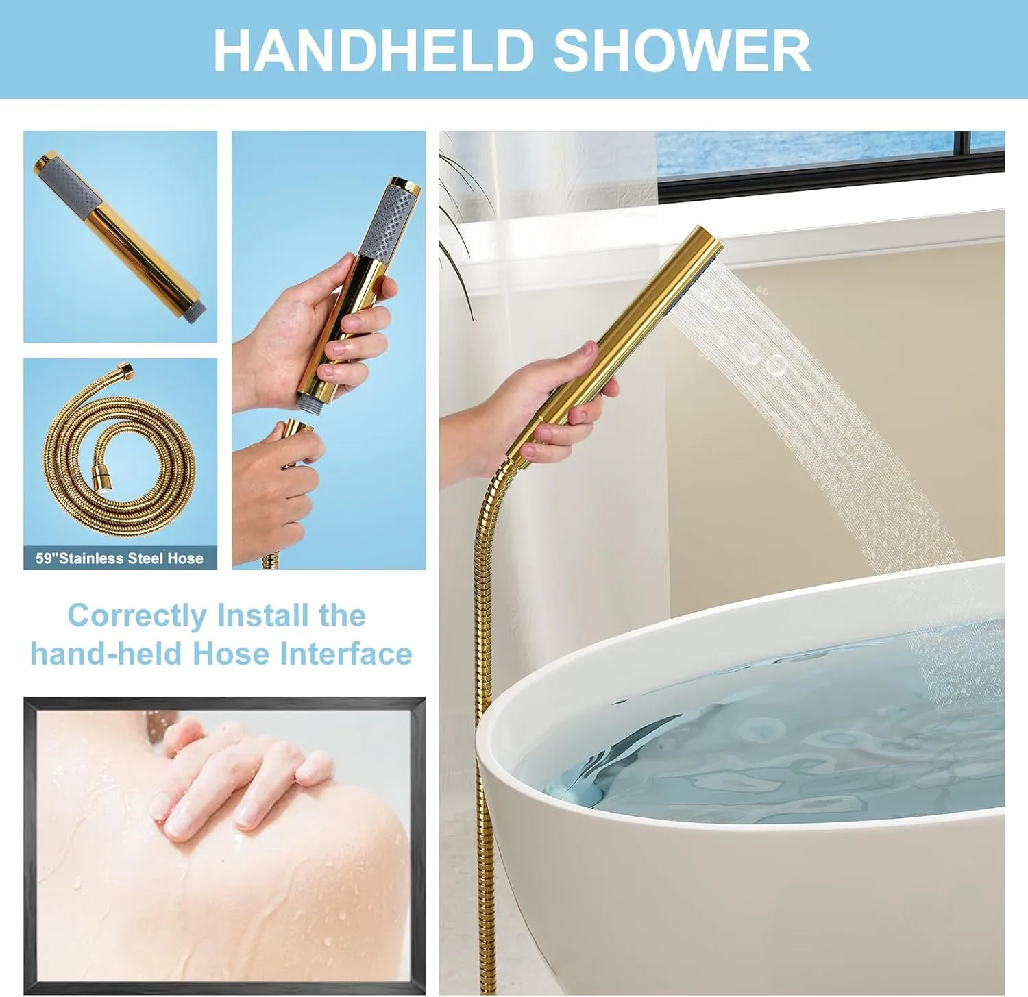 Freestanding Bathtub Faucet, Floor Mount Bathtub Faucet with 2 Water Outlet Modes, Swivel Gooseneck Spout with Hand Shower, Brass Single Handle Tub filler, Max Flow Rate 7.4 GPM, Gold