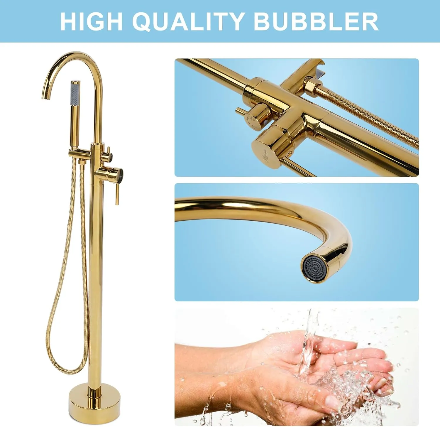 Freestanding Bathtub Faucet, Floor Mount Bathtub Faucet with 2 Water Outlet Modes, Swivel Gooseneck Spout with Hand Shower, Brass Single Handle Tub filler, Max Flow Rate 7.4 GPM, Gold