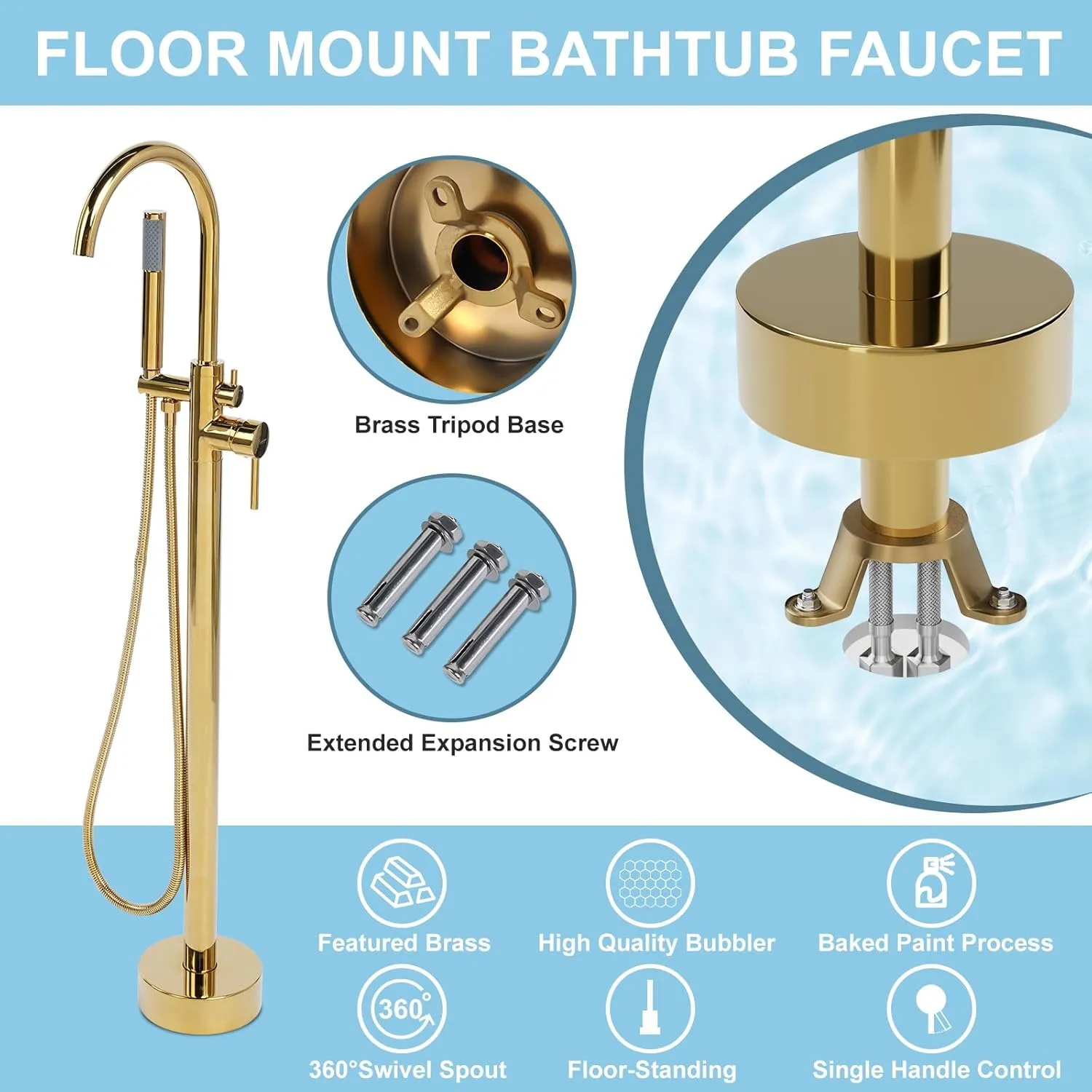 Freestanding Bathtub Faucet, Floor Mount Bathtub Faucet with 2 Water Outlet Modes, Swivel Gooseneck Spout with Hand Shower, Brass Single Handle Tub filler, Max Flow Rate 7.4 GPM, Gold