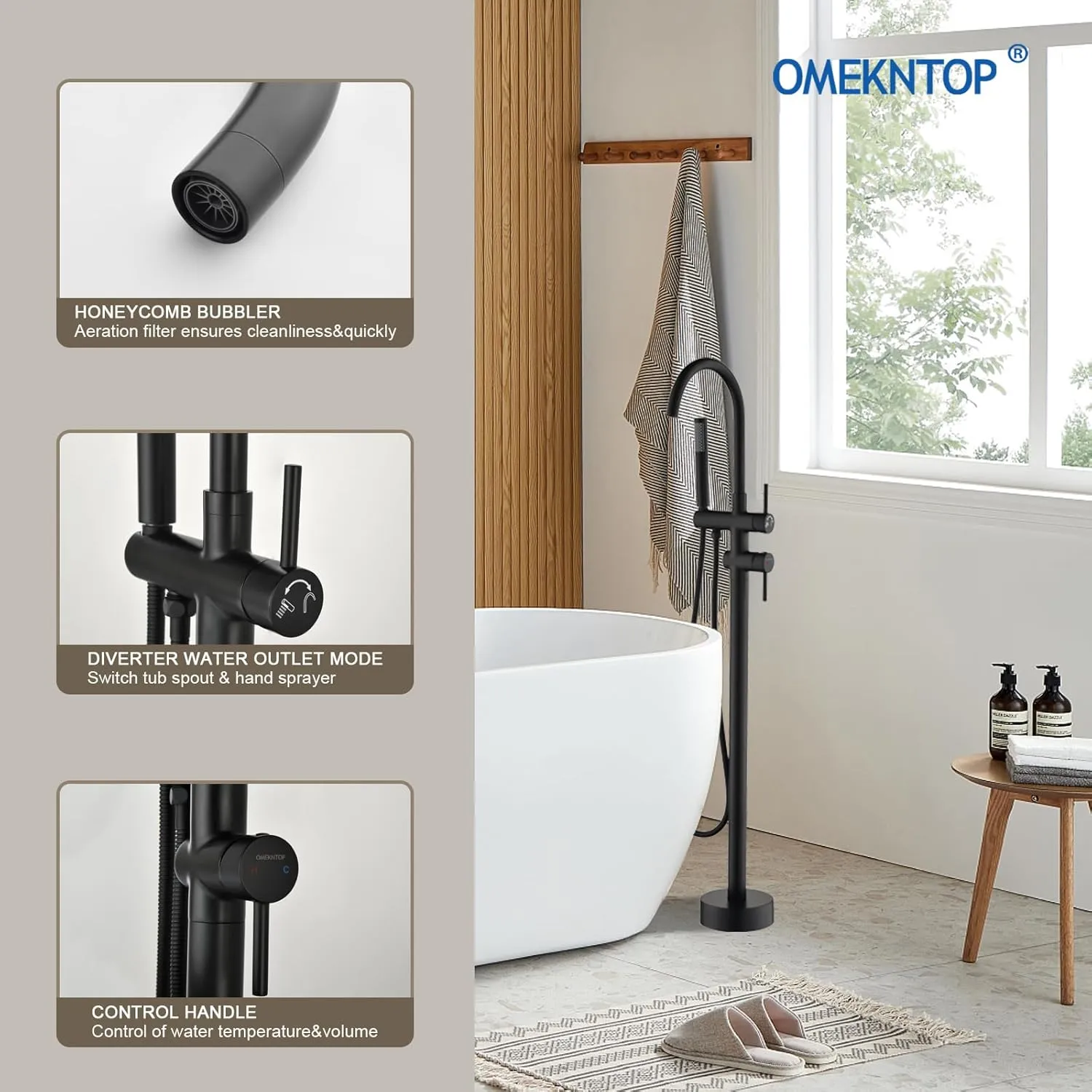Freestanding Bathtub Faucet Floor Mount Tub Filler Matte Black, OMEKNTOP Modern Freestanding Tub Faucet with 360 Swivel Gooseneck Spout and Handheld Shower, Standing Tub Faucet for Bathroom