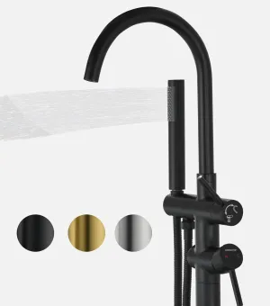 Freestanding Bathtub Faucet Floor Mount Tub Filler Matte Black, OMEKNTOP Modern Freestanding Tub Faucet with 360 Swivel Gooseneck Spout and Handheld Shower, Standing Tub Faucet for Bathroom