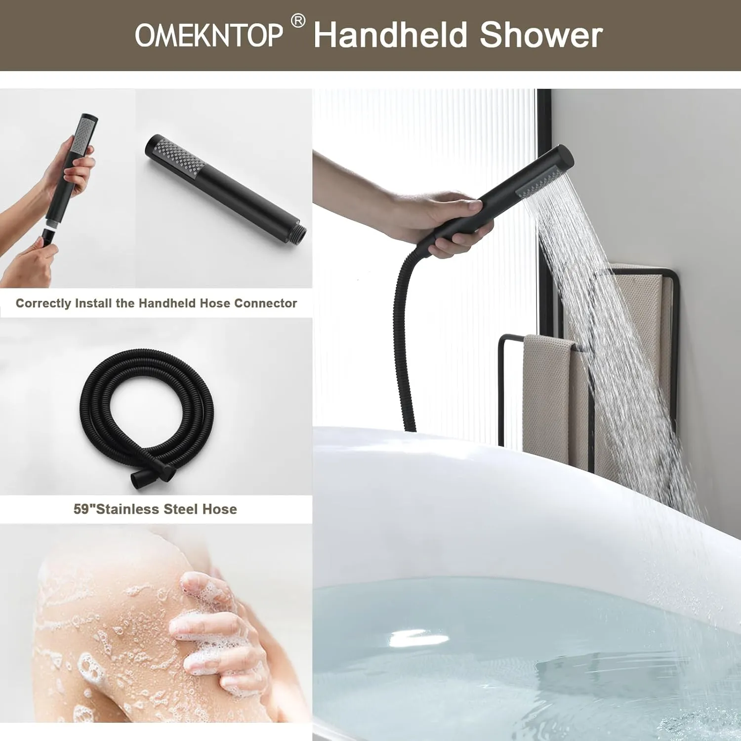 Freestanding Bathtub Faucet Floor Mount Tub Filler Matte Black, OMEKNTOP Modern Freestanding Tub Faucet with 360 Swivel Gooseneck Spout and Handheld Shower, Standing Tub Faucet for Bathroom