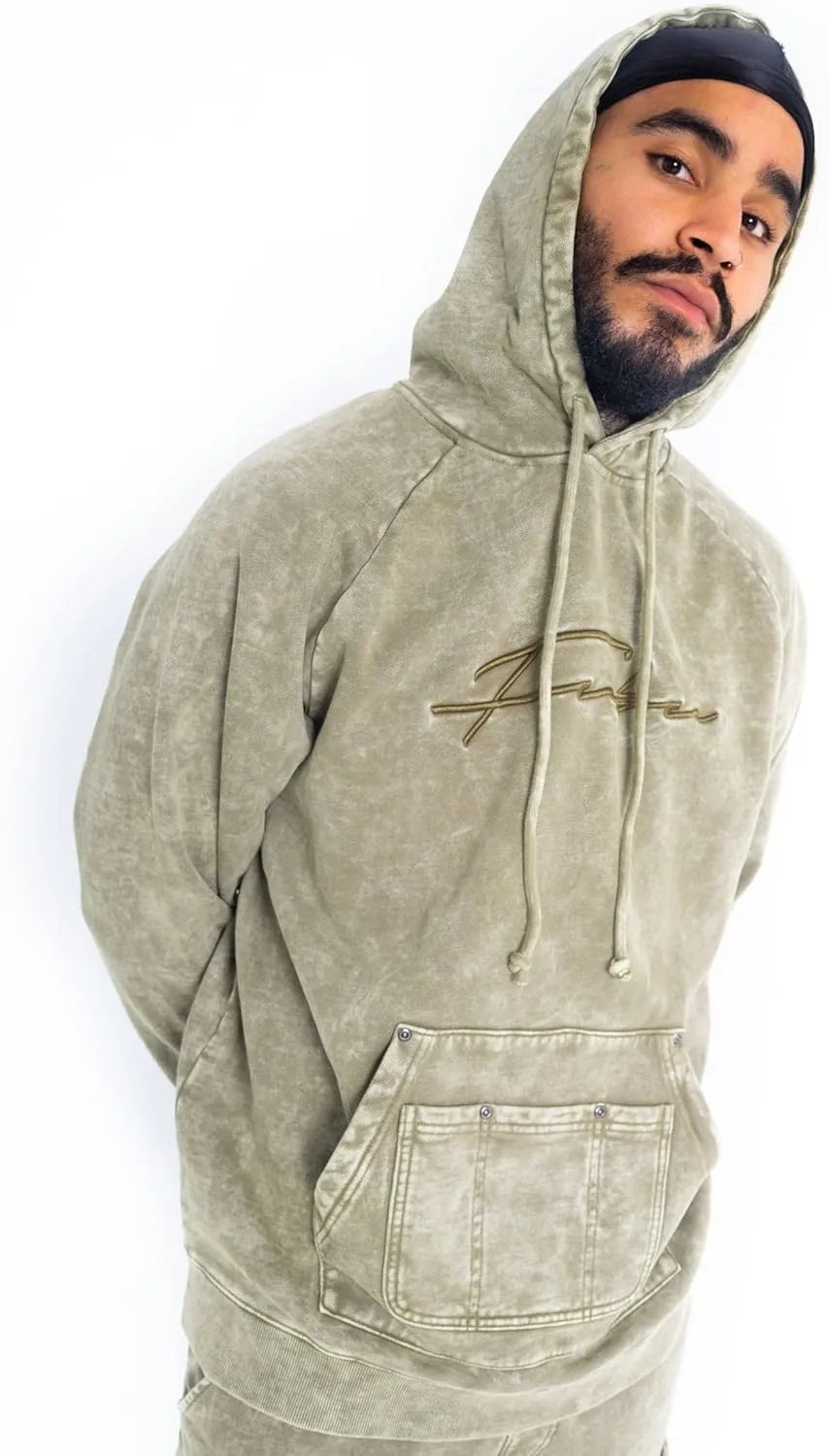 FUBU Signature Washed Utility Hoodie, Green, Small