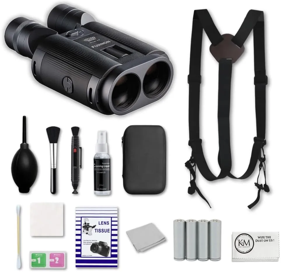 Fujinon 20x40 Techno-Stabi Image-Stabilized Binoculars Bundle with 4 Pack AAA Batteries   Binocular Harness Strap   Cleaning Kit   Cleaning Cloth (5 Items)