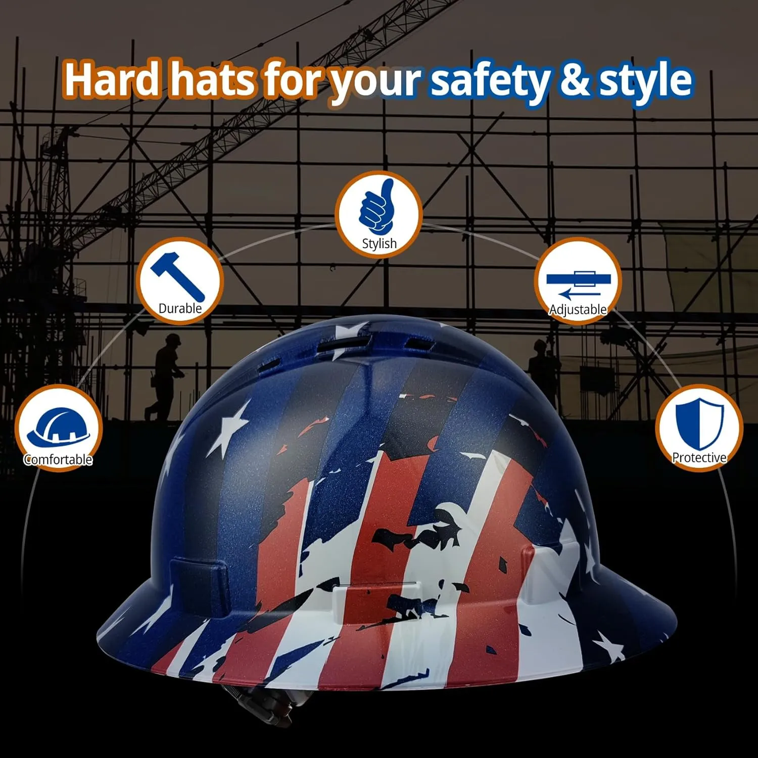 Full Brim Hard Hat - OSHA Safety Helmet Durable Lightweight Carbon Fiber Hard Hat, 6-Point Ratchet Suspension Protective Gear for Men and Women