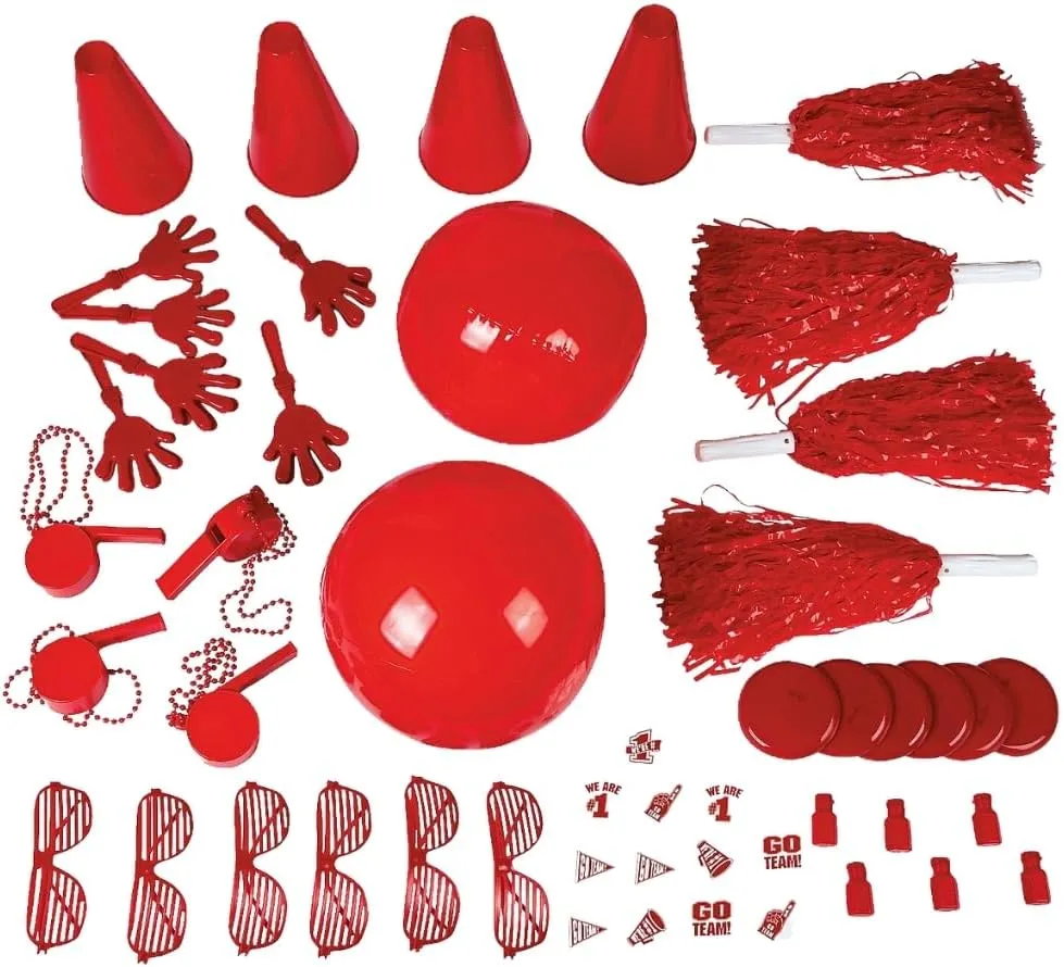 Fun Express Red School Spirit Assortment - Bulk 50 Piece Set - Hand clappers, Whistles, megaphones, pom-poms and More - School Spirit Supplies