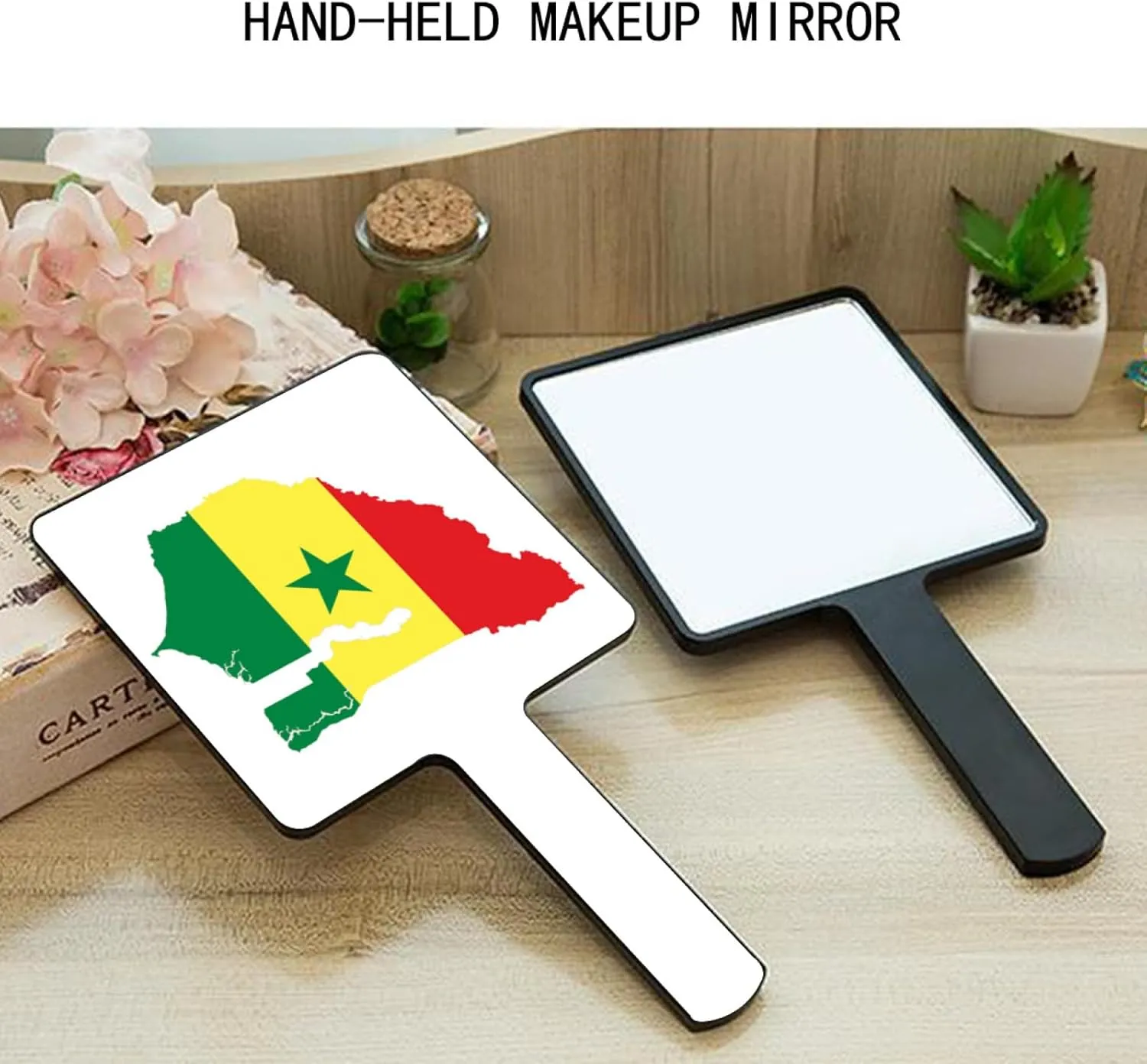 Funny Senegal Map and National Flag Makeup Mirror with Handle, Square Portable Travel Handheld Mirror for Women Girls Daily Makeup, Facial Care Black 9×16Cm
