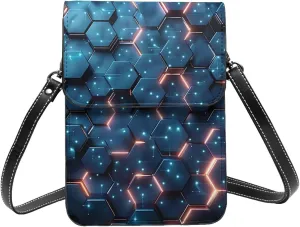 futuristic hexagonal technology blue neon Abstract Leather Small Crossbody Bags for Women Cell Phone Bag Wallet Purses with Adjustable Strap