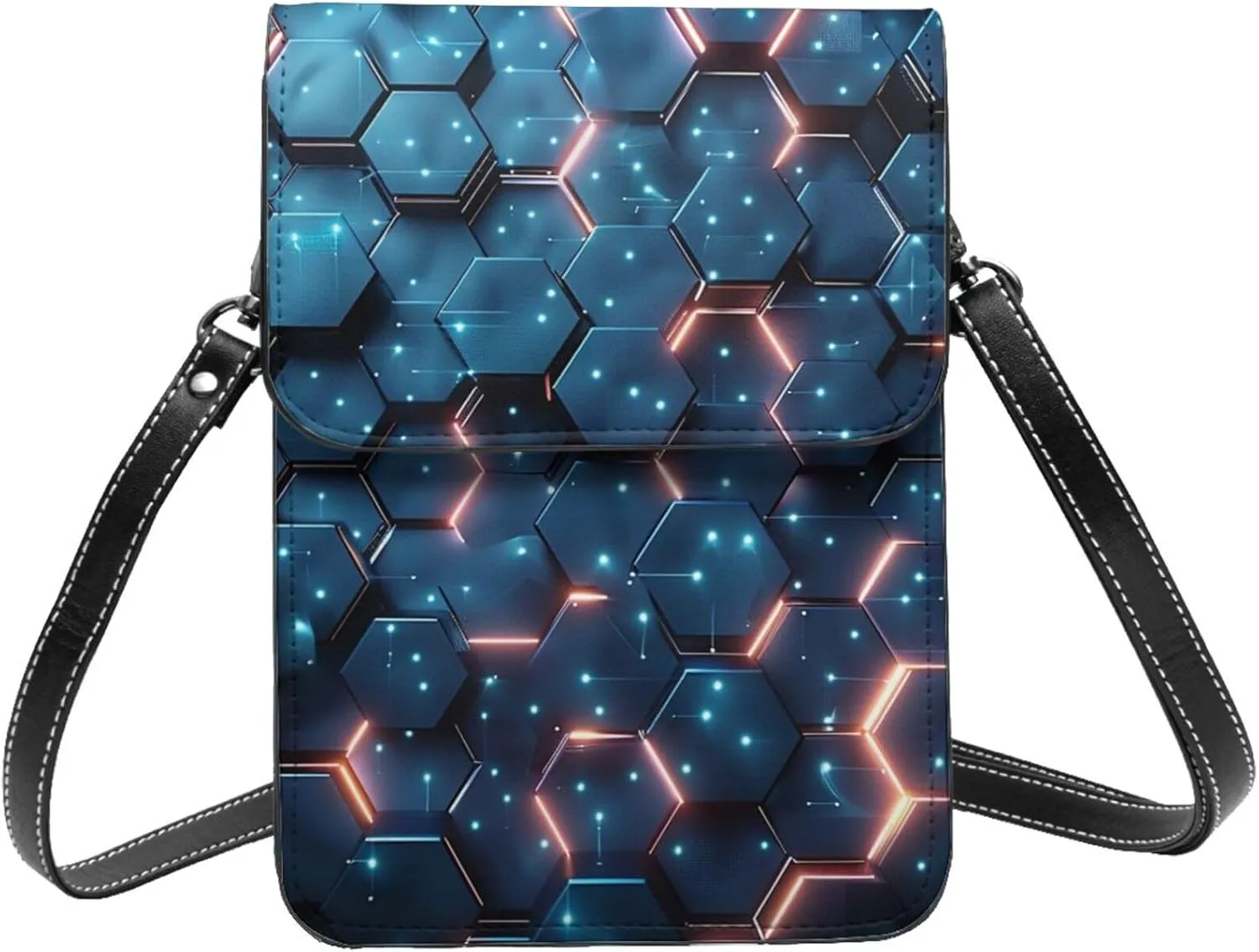 futuristic hexagonal technology blue neon Abstract Leather Small Crossbody Bags for Women Cell Phone Bag Wallet Purses with Adjustable Strap