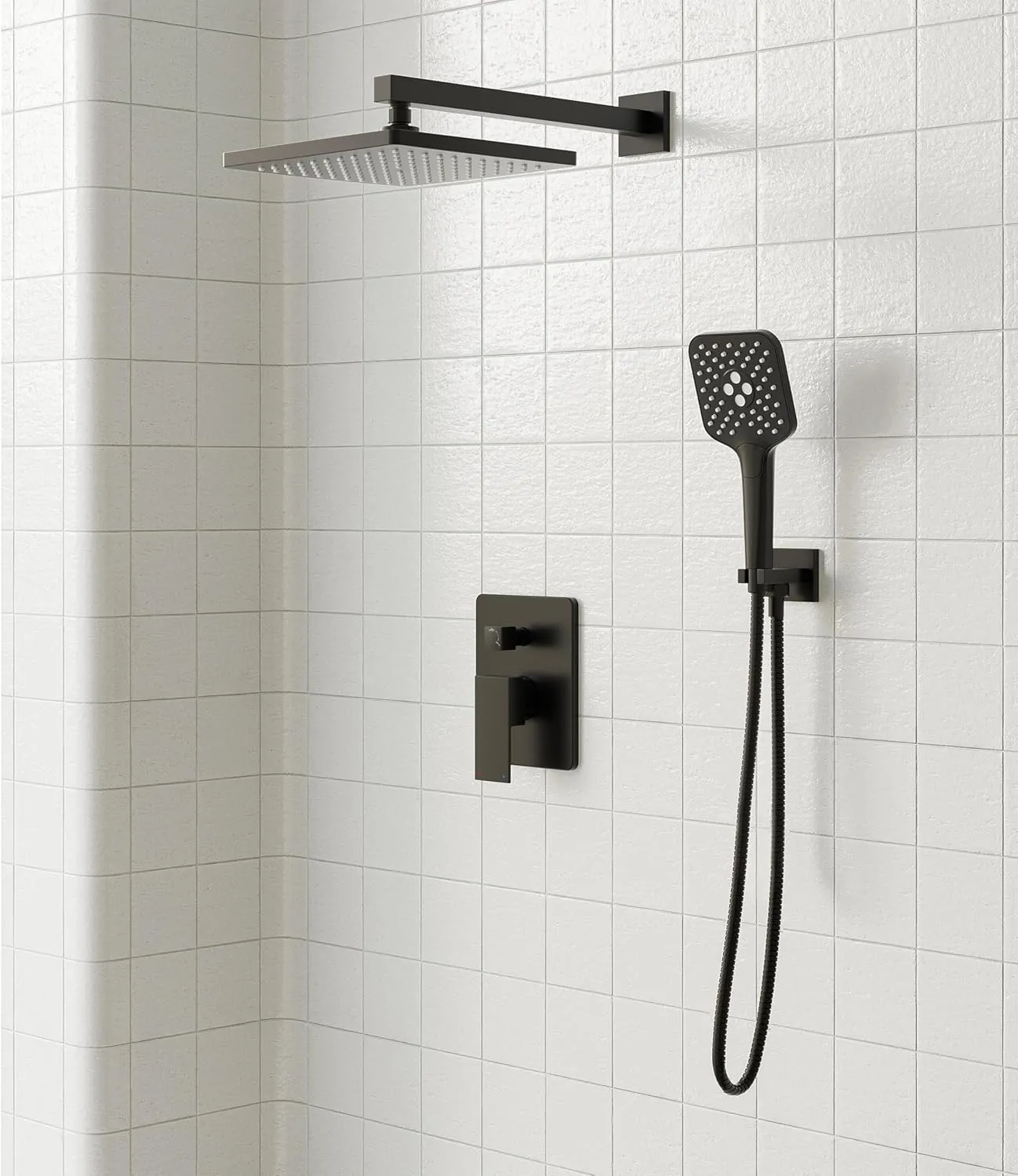 Gabrylly Shower System, 10 Inches Rain Shower Heads with Handheld Spray Combo, Wall Mounted Shower Faucets Sets Complete with Shower Valve Kit, Shower Head and Handle Set, Matte Black