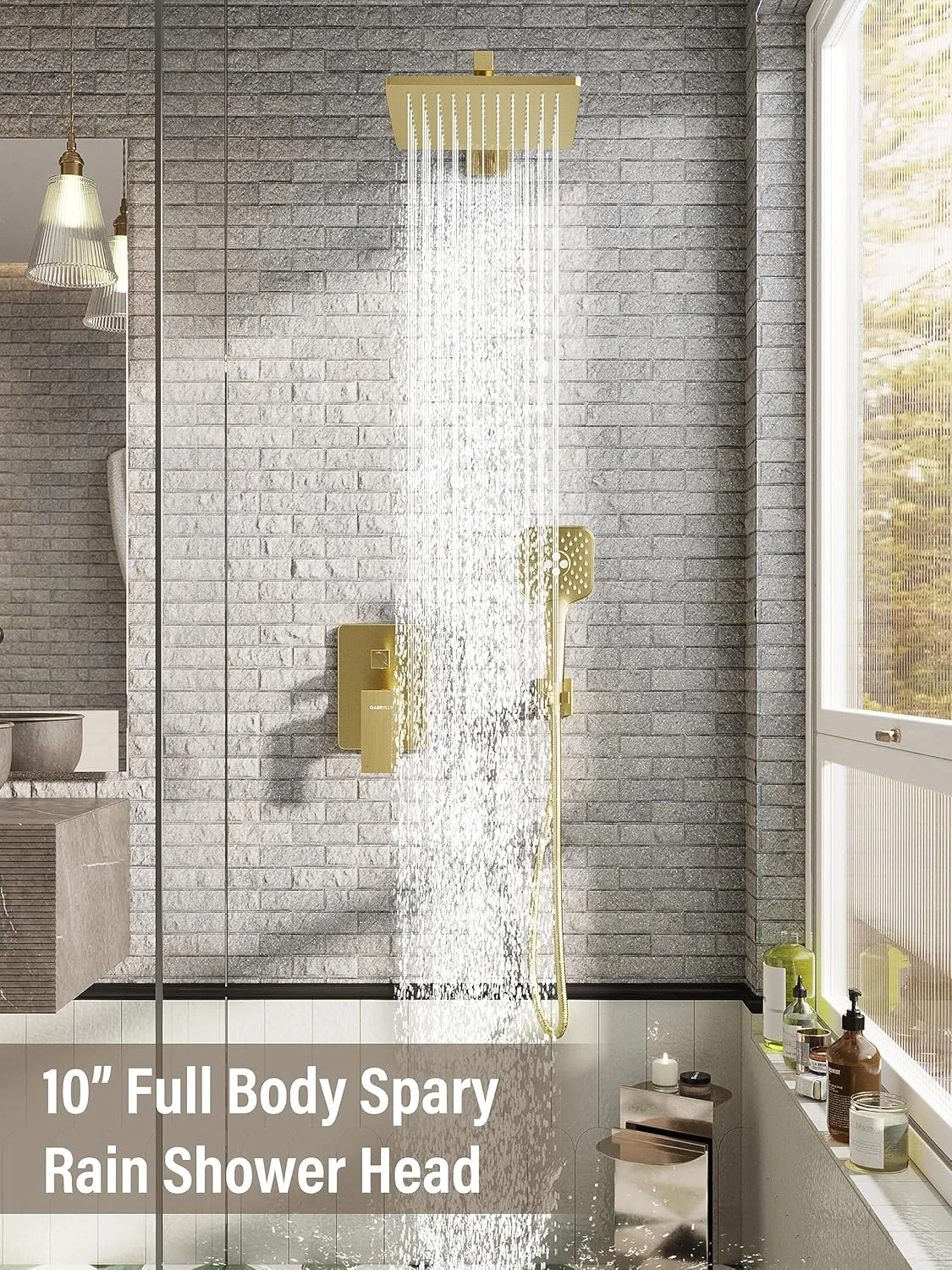 Gabrylly Shower System Gold, Wall Mounted Shower Faucet Set for Bathroom with High Pressure 10" Rain Shower head and 3-Setting Handheld Shower Head Set, 2 Way Shower Valve Kit, Brushed Gold