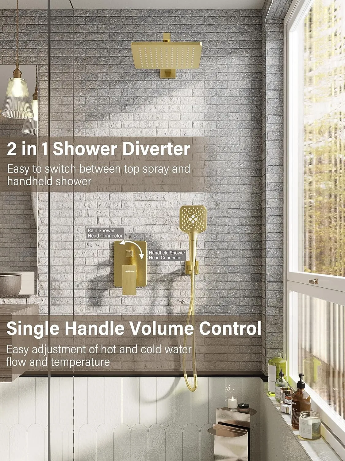 Gabrylly Shower System Gold, Wall Mounted Shower Faucet Set for Bathroom with High Pressure 10" Rain Shower head and 3-Setting Handheld Shower Head Set, 2 Way Shower Valve Kit, Brushed Gold