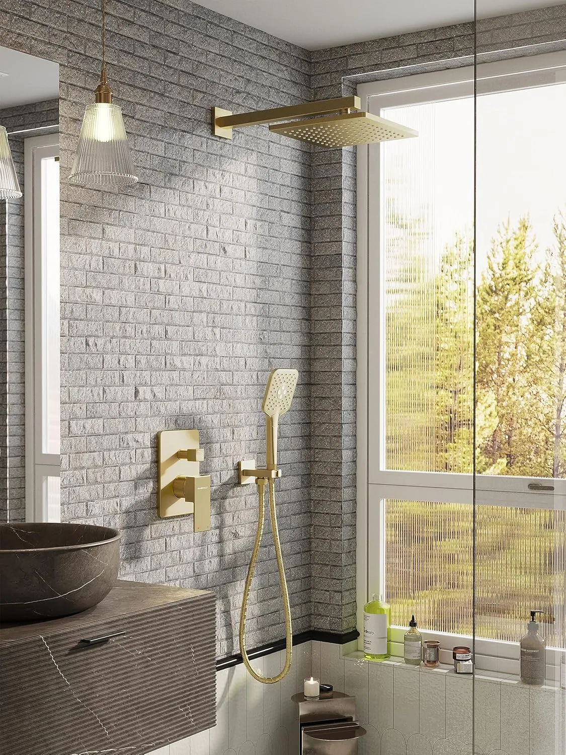 Gabrylly Shower System Gold, Wall Mounted Shower Faucet Set for Bathroom with High Pressure 10" Rain Shower head and 3-Setting Handheld Shower Head Set, 2 Way Shower Valve Kit, Brushed Gold