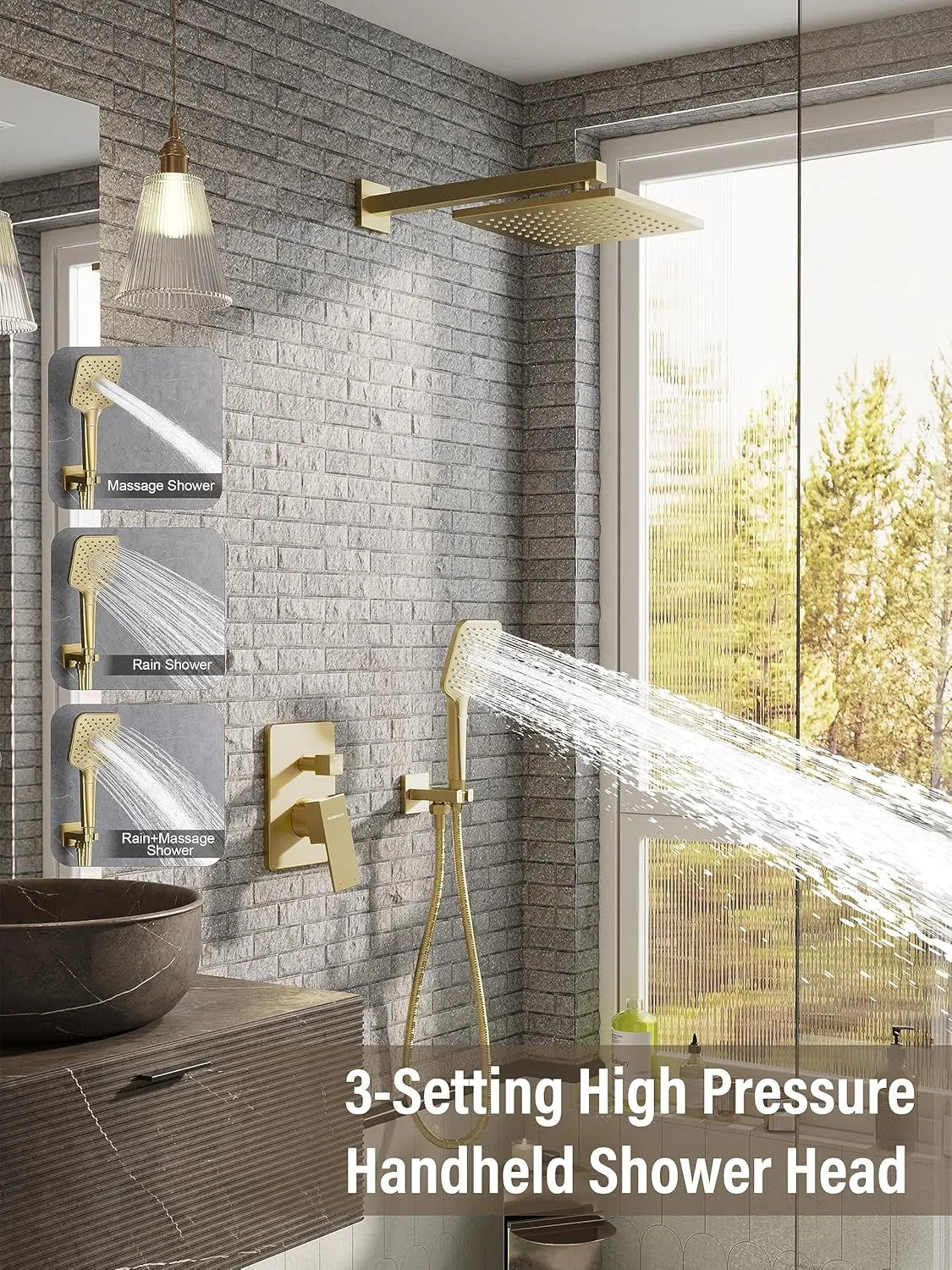 Gabrylly Shower System Gold, Wall Mounted Shower Faucet Set for Bathroom with High Pressure 10" Rain Shower head and 3-Setting Handheld Shower Head Set, 2 Way Shower Valve Kit, Brushed Gold