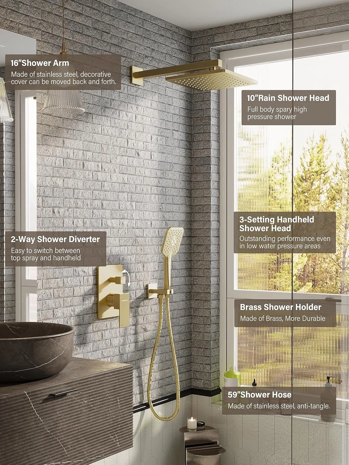 Gabrylly Shower System Gold, Wall Mounted Shower Faucet Set for Bathroom with High Pressure 10" Rain Shower head and 3-Setting Handheld Shower Head Set, 2 Way Shower Valve Kit, Brushed Gold