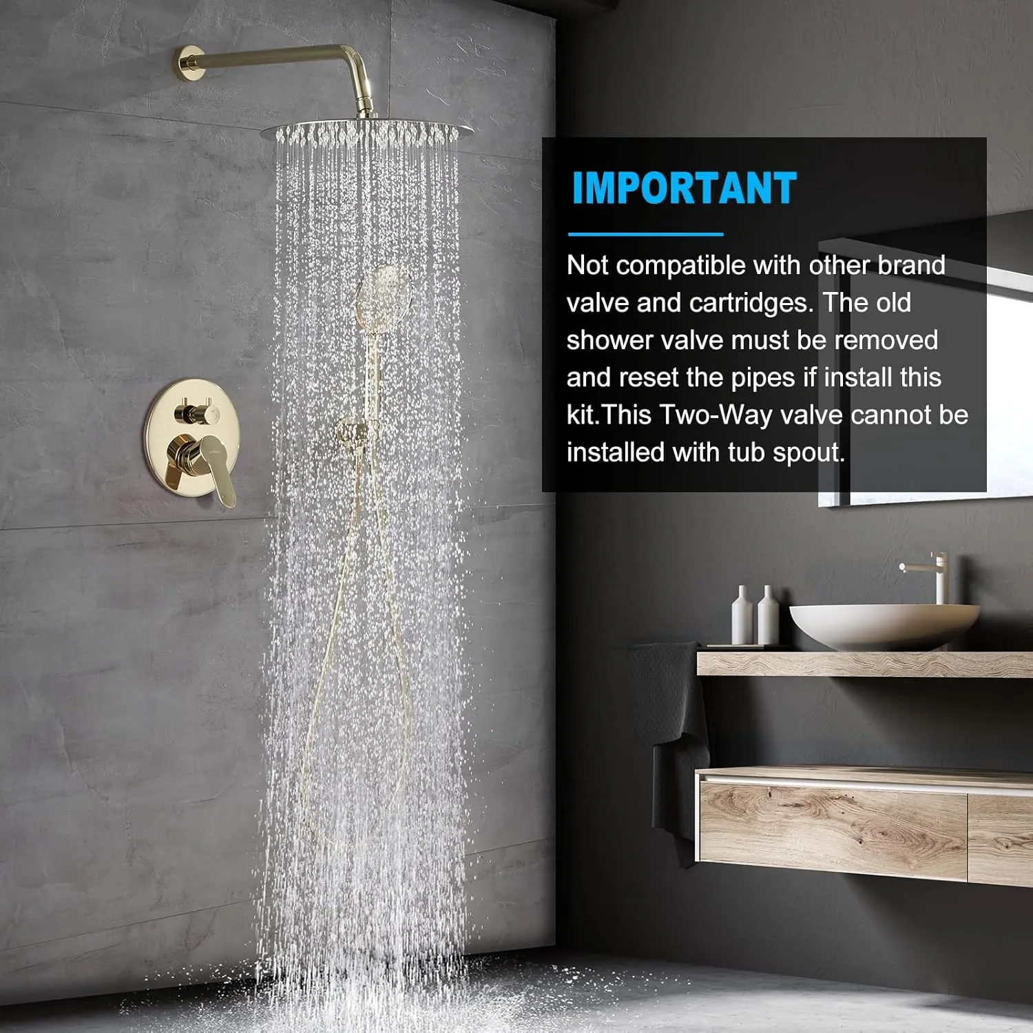 Gabrylly Shower System Polished Gold, Rain Shower Head System for Bathroom with High Pressure 12" Rain Shower head and 5-Setting Handheld Shower Head Set