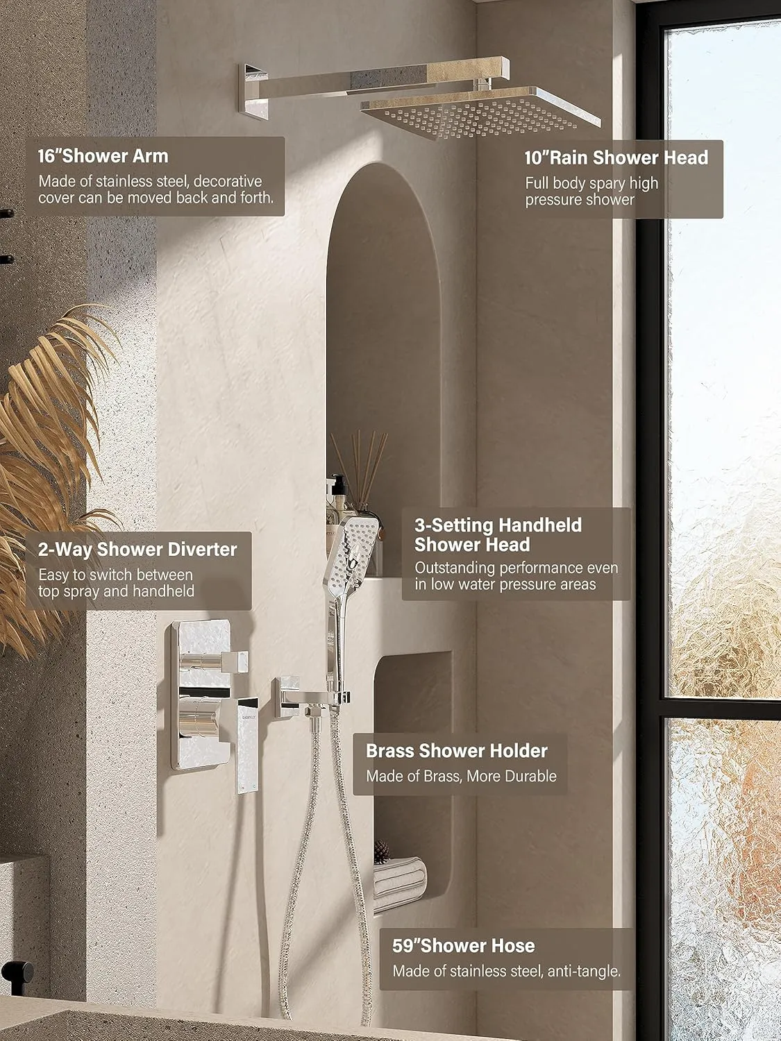 Gabrylly Shower System, Shower Faucets Sets Complete for Bathroom with High Pressure 10" Rain Shower and Handheld Shower, 2 Way Shower Valve Kit, Chrome