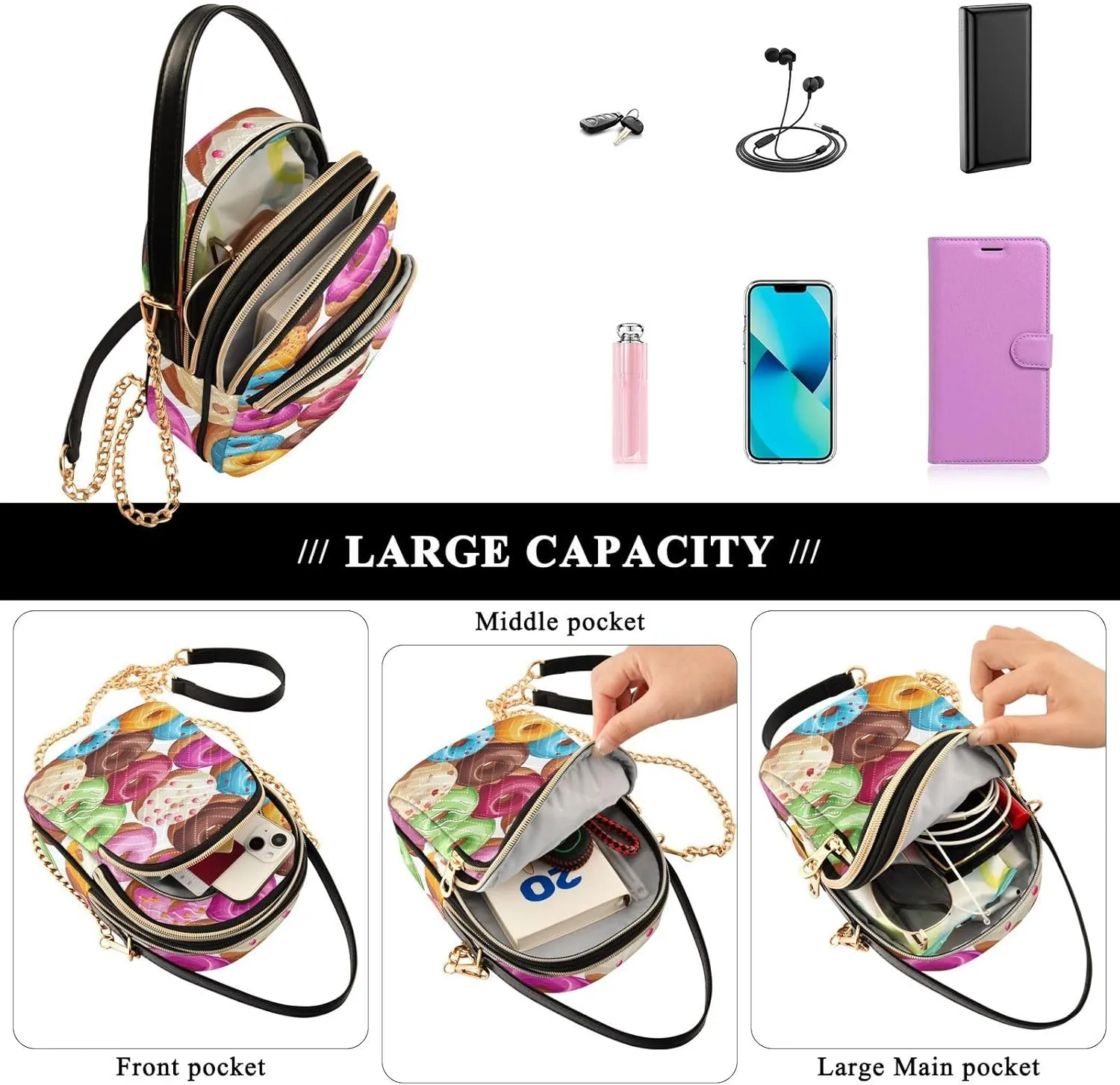 GAIGEO Multi Colors Donuts Shoulder Handbag, Crossbody with Removeable Strap, Modern Crossbody Bags for Women