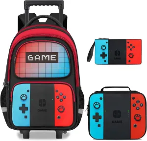 Gamer Rolling Backpack for Boys - 3PCS Boys Rolling Backpack With Lunch Box and Pencil Case for Kids Children Teens Elementary Middle School,HFHTDC Roller Bookbag With Wheels for Aged 6-18