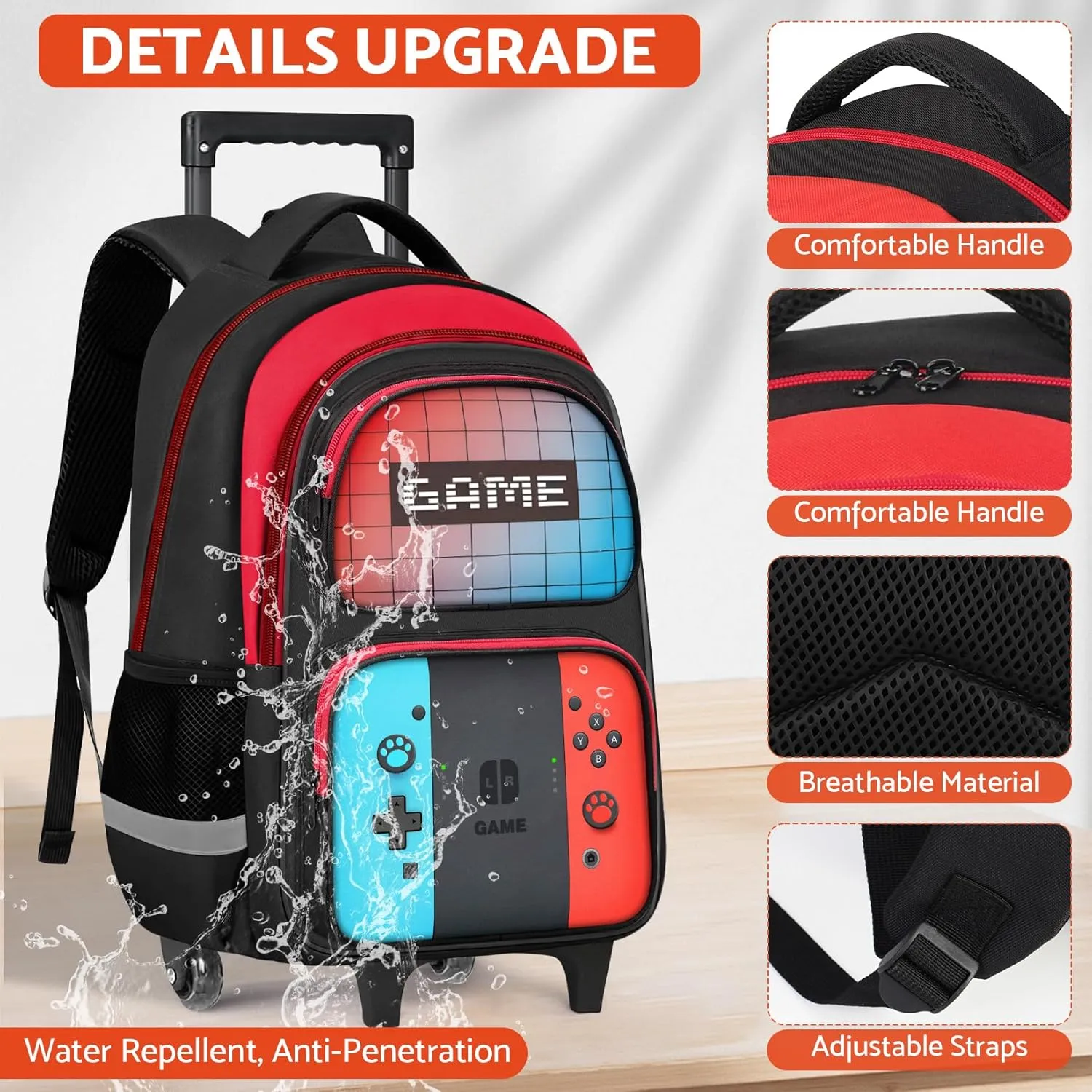 Gamer Rolling Backpack for Boys - 3PCS Boys Rolling Backpack With Lunch Box and Pencil Case for Kids Children Teens Elementary Middle School,HFHTDC Roller Bookbag With Wheels for Aged 6-18