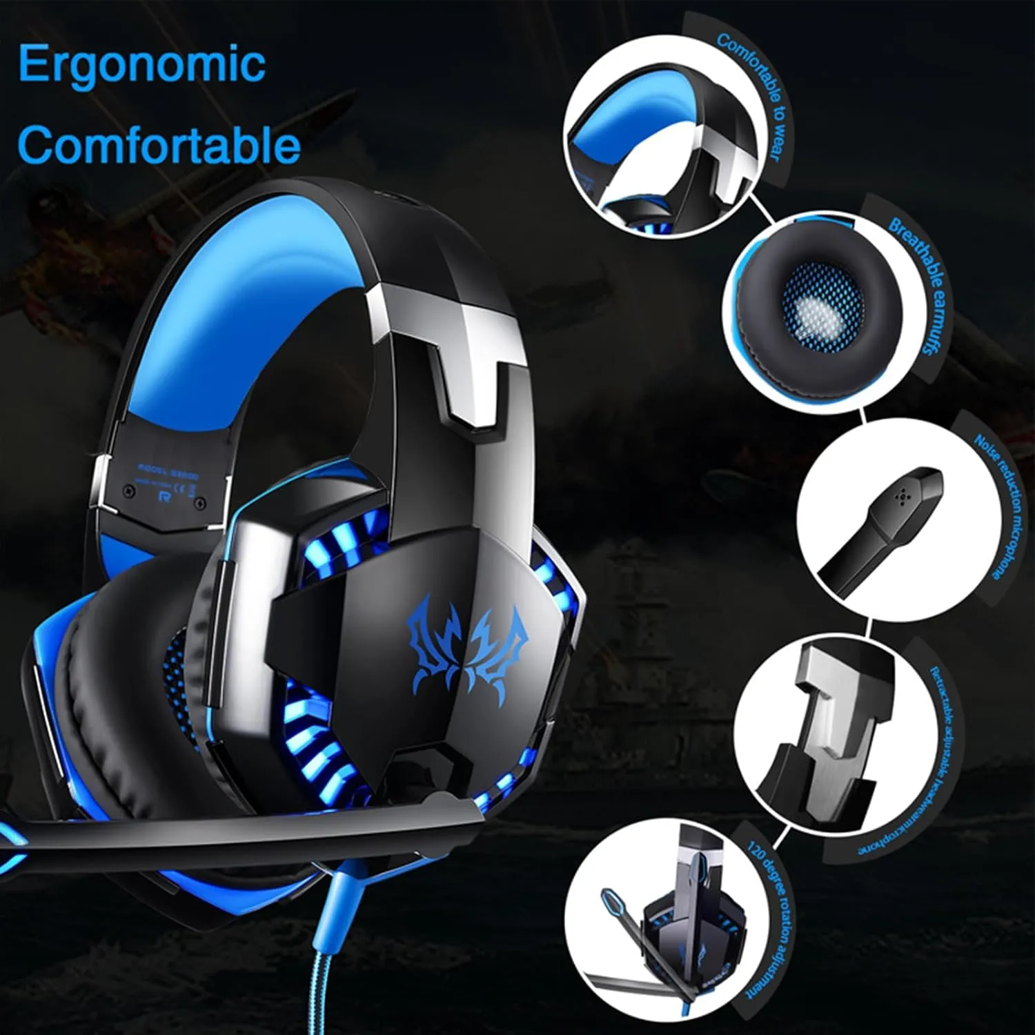 Gaming Headset, G2000 Over-Ear Gaming Headset,120-Degree Rotating Bass Noise Cancelling Mic,50mm Driver Unit,Skin-Friendly Breathable Over Ear Headphones with LED Lights for PC, Gamer - White