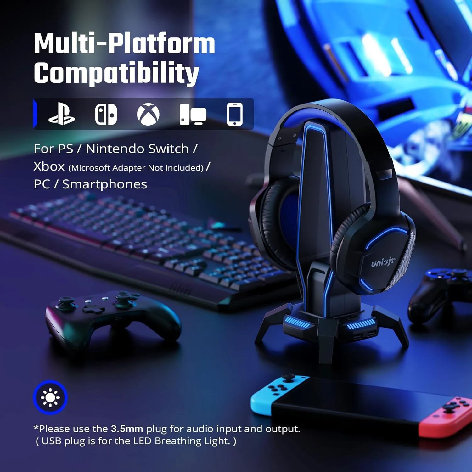 Gaming Headset Noise-Canceling Mic for PC, Laptop, Mac, Xbox Series, PS5, PS4, Nintendo Switch, Wired Over-Ear Headphones, Surround Sound, LED Breathing Light, Memory Foam Ear Pads, Black