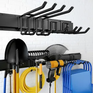 Garage Storage, Garage Organization, Wall Mount Garden Tool Organizer 32 Inches, Max 300lbs Adjustable Metal Hooks, Yard Shed Organizer Rack, Heavy Duty Shelving for Rake Broom Mop Snowboard