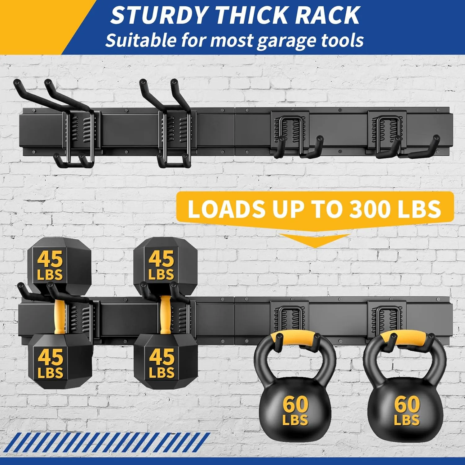 Garage Storage, Garage Organization, Wall Mount Garden Tool Organizer 32 Inches, Max 300lbs Adjustable Metal Hooks, Yard Shed Organizer Rack, Heavy Duty Shelving for Rake Broom Mop Snowboard