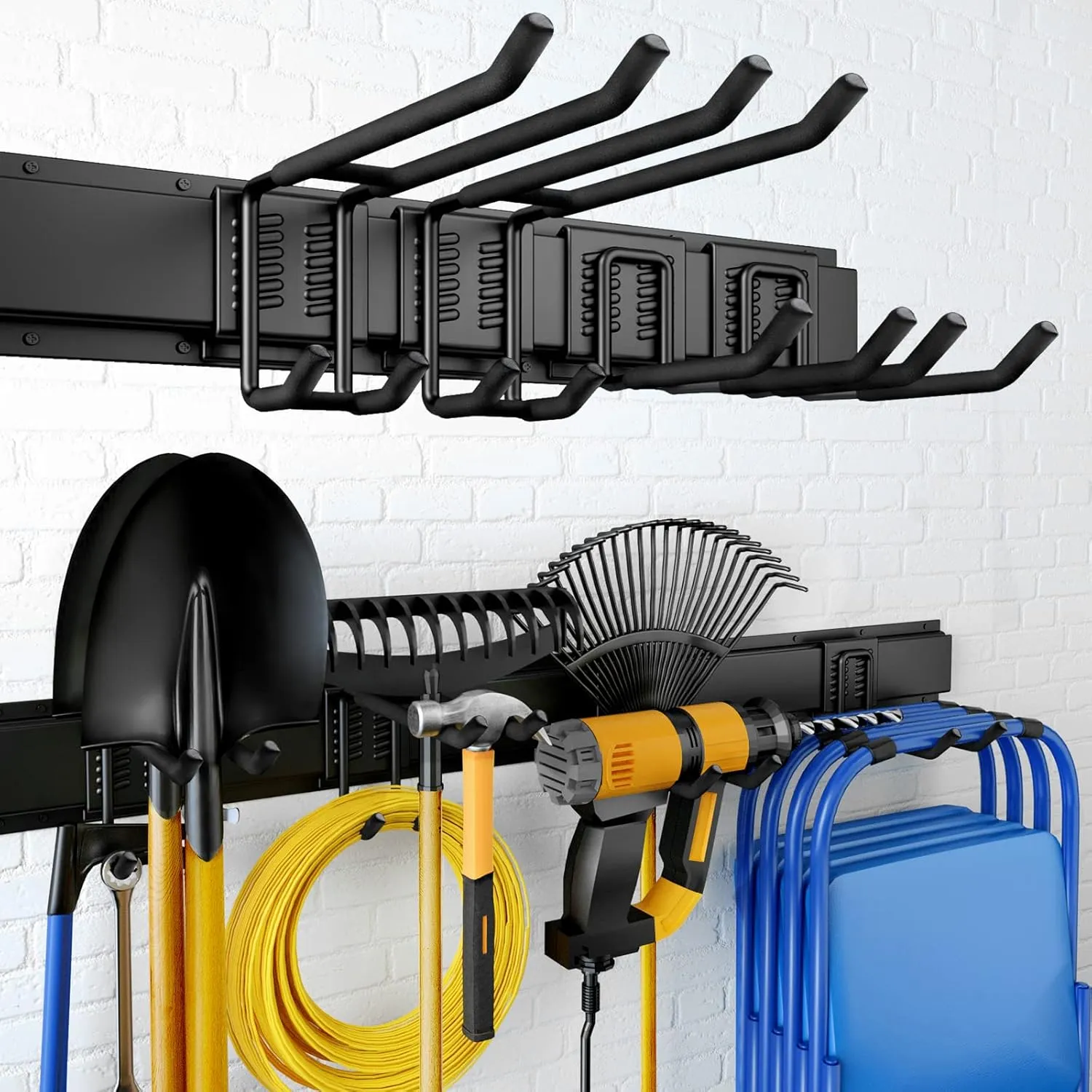 Garage Storage, Garage Organization, Wall Mount Garden Tool Organizer 32 Inches, Max 300lbs Adjustable Metal Hooks, Yard Shed Organizer Rack, Heavy Duty Shelving for Rake Broom Mop Snowboard