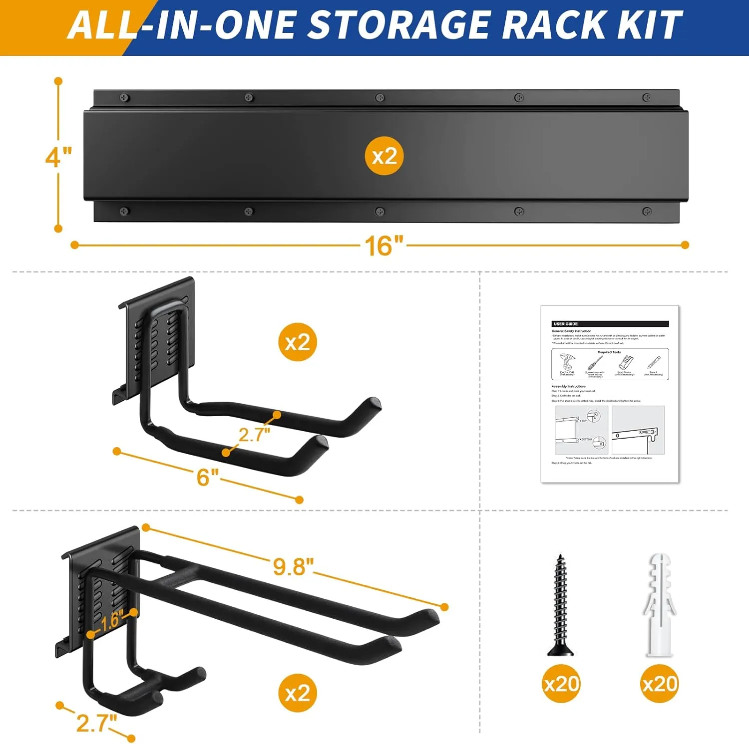 Garage Storage, Garage Organization, Wall Mount Garden Tool Organizer 32 Inches, Max 300lbs Adjustable Metal Hooks, Yard Shed Organizer Rack, Heavy Duty Shelving for Rake Broom Mop Snowboard