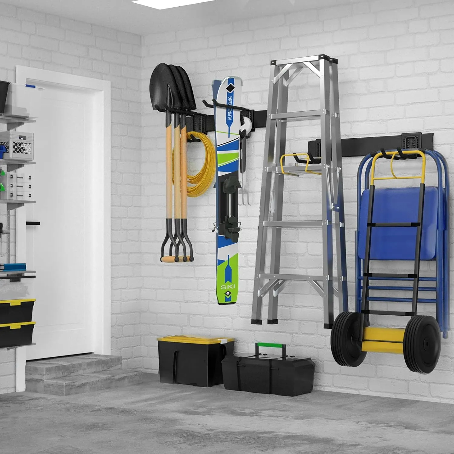 Garage Storage, Garage Organization, Wall Mount Garden Tool Organizer 32 Inches, Max 300lbs Adjustable Metal Hooks, Yard Shed Organizer Rack, Heavy Duty Shelving for Rake Broom Mop Snowboard