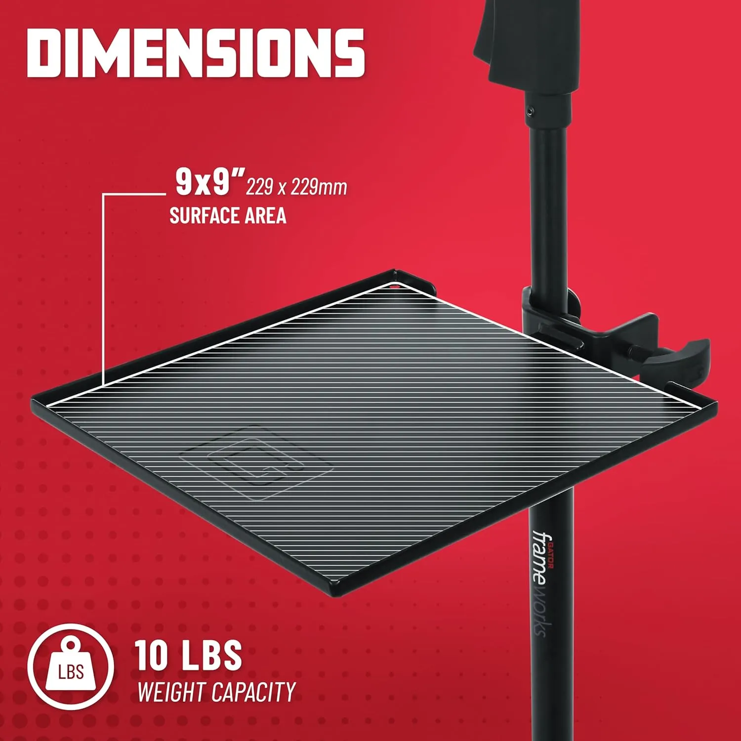 Gator Frameworks Two pack Microphone Stand Clamp-On Utility Shelf with 10 Pound Weight Capacity ; 9" x 9" Surface Area (GFW-SHELF0909-2PK)