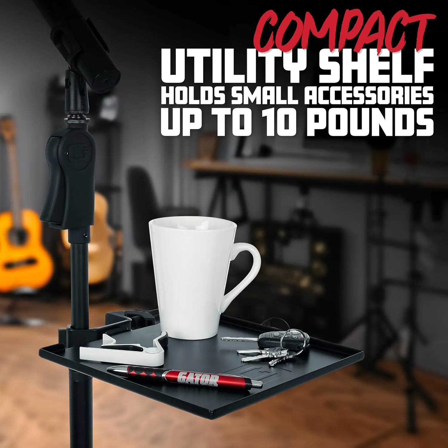 Gator Frameworks Two pack Microphone Stand Clamp-On Utility Shelf with 10 Pound Weight Capacity ; 9" x 9" Surface Area (GFW-SHELF0909-2PK)