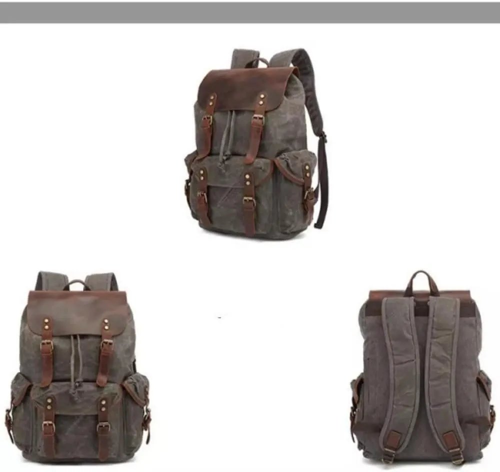 Genuine Leather Canvas waxed Backpack Travel Rucksack Laptop Bag