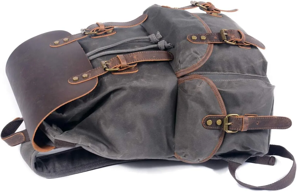 Genuine Leather Canvas waxed Backpack Travel Rucksack Laptop Bag