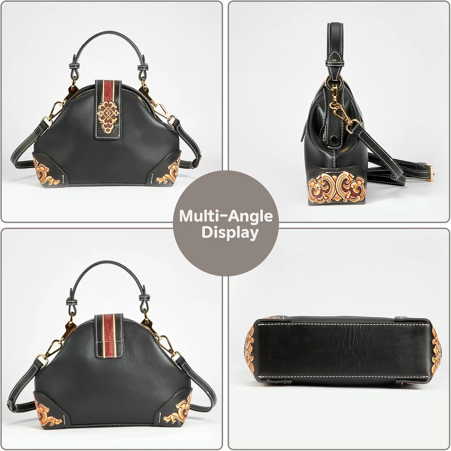 Genuine Leather Shoulder Bag for Women Hand Carved Painted Leather Clutch Saddle Bag Handbag Under the Arm Purses