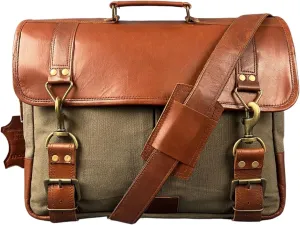 Genuine Leather Vintage Style Brown Laptop Messenger Bag For Men's | Business Briefcase Shoulder Side Crossbody Canvas Handbag