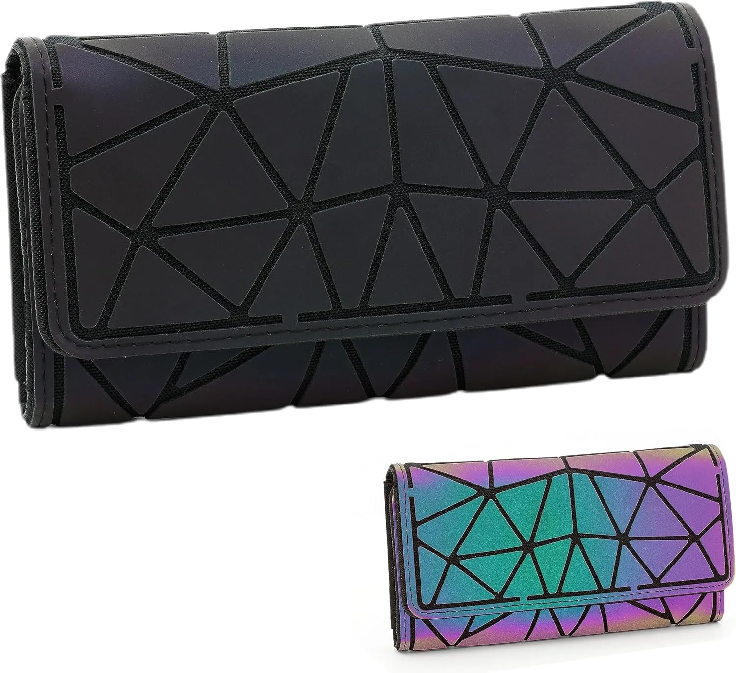 Geometric Luminous Wallet for Women Holographic Reflective Clutch Purse with 3 Folds and Snap Button