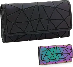 Geometric Luminous Wallet for Women Holographic Reflective Clutch Purse with 3 Folds and Snap Button
