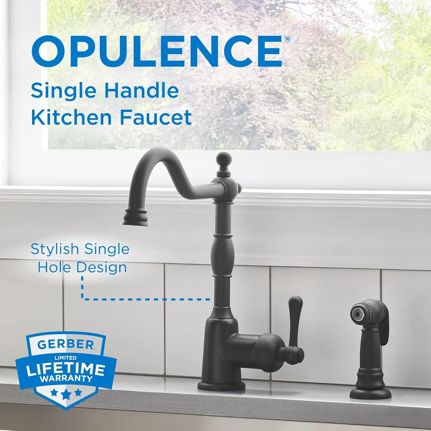 Gerber Opulence Black Kitchen Faucet with Side Spray - Farmhouse Style, Single Handle, Heavy-Duty Brass Construction, 2-Hole Installation in Satin Black