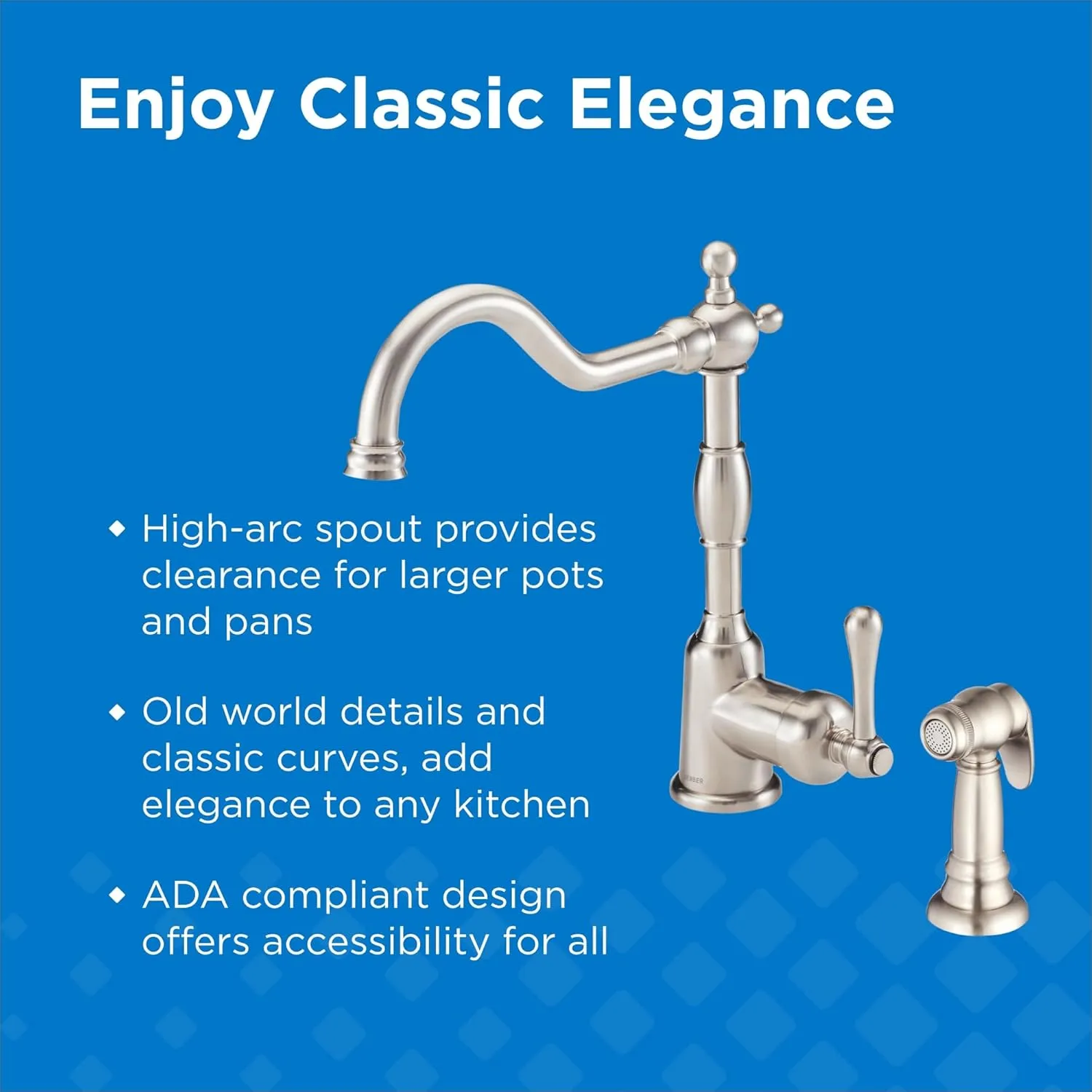 Gerber Opulence Kitchen Faucet with Side Spray - Farmhouse Style, Single Handle, Heavy-Duty Brass Construction, 2-Hole Installation in Stainless Steel