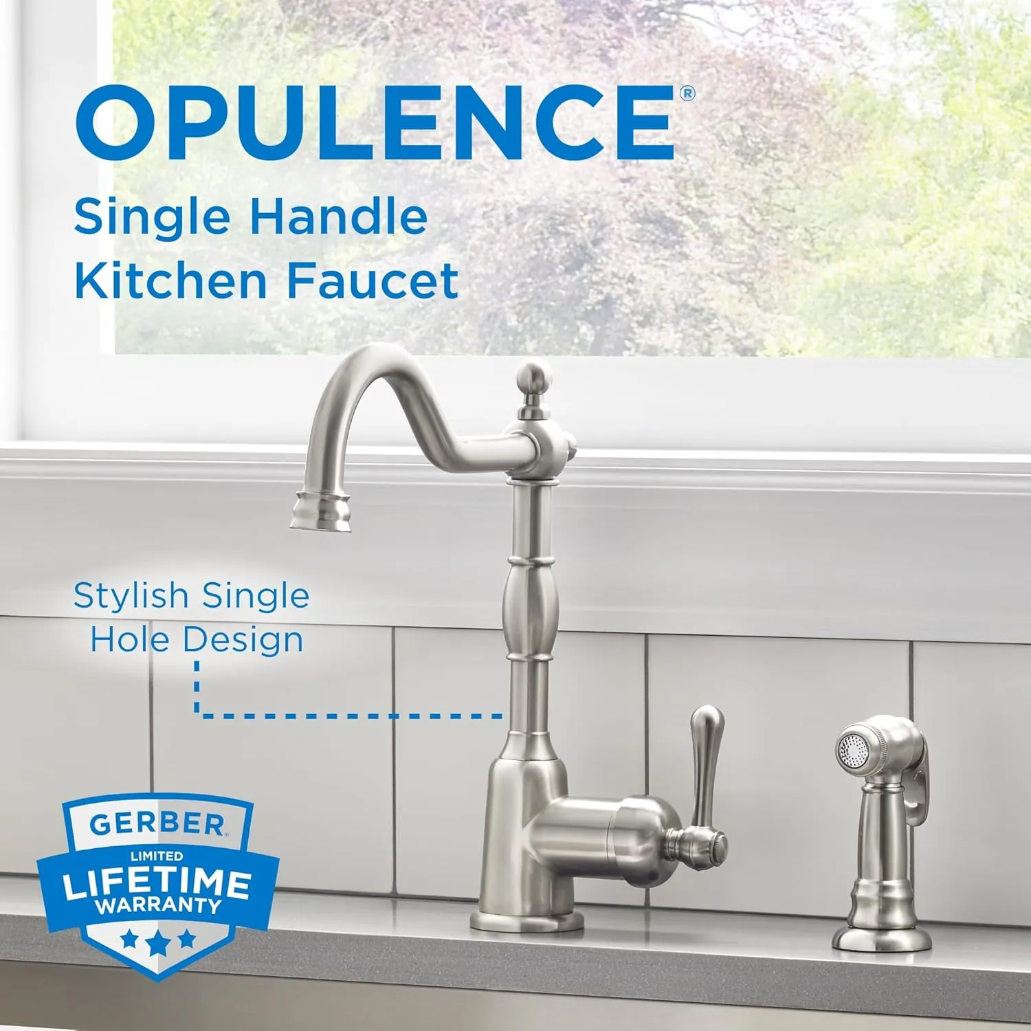 Gerber Opulence Kitchen Faucet with Side Spray - Farmhouse Style, Single Handle, Heavy-Duty Brass Construction, 2-Hole Installation in Stainless Steel