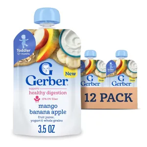 Gerber Toddler Food, Baby Food Pouches for Toddlers, Mango Banana Apple, Fruit Puree, Yogurt & Whole Grains, Fiber Helps Support Healthy Digestion, No Artificial Flavors, 3.5oz each (Pack of 12)