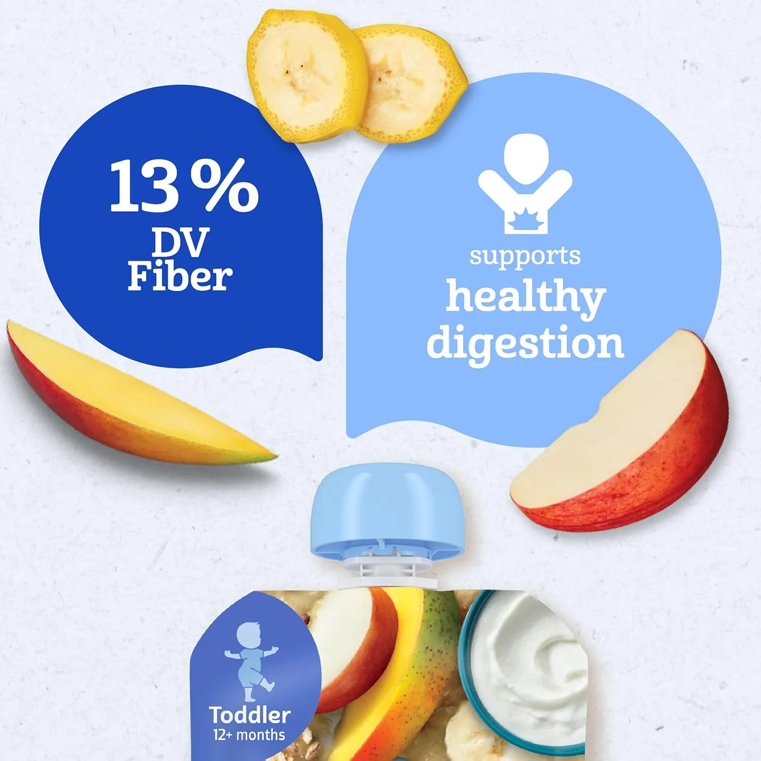 Gerber Toddler Food, Baby Food Pouches for Toddlers, Mango Banana Apple, Fruit Puree, Yogurt & Whole Grains, Fiber Helps Support Healthy Digestion, No Artificial Flavors, 3.5oz each (Pack of 12)