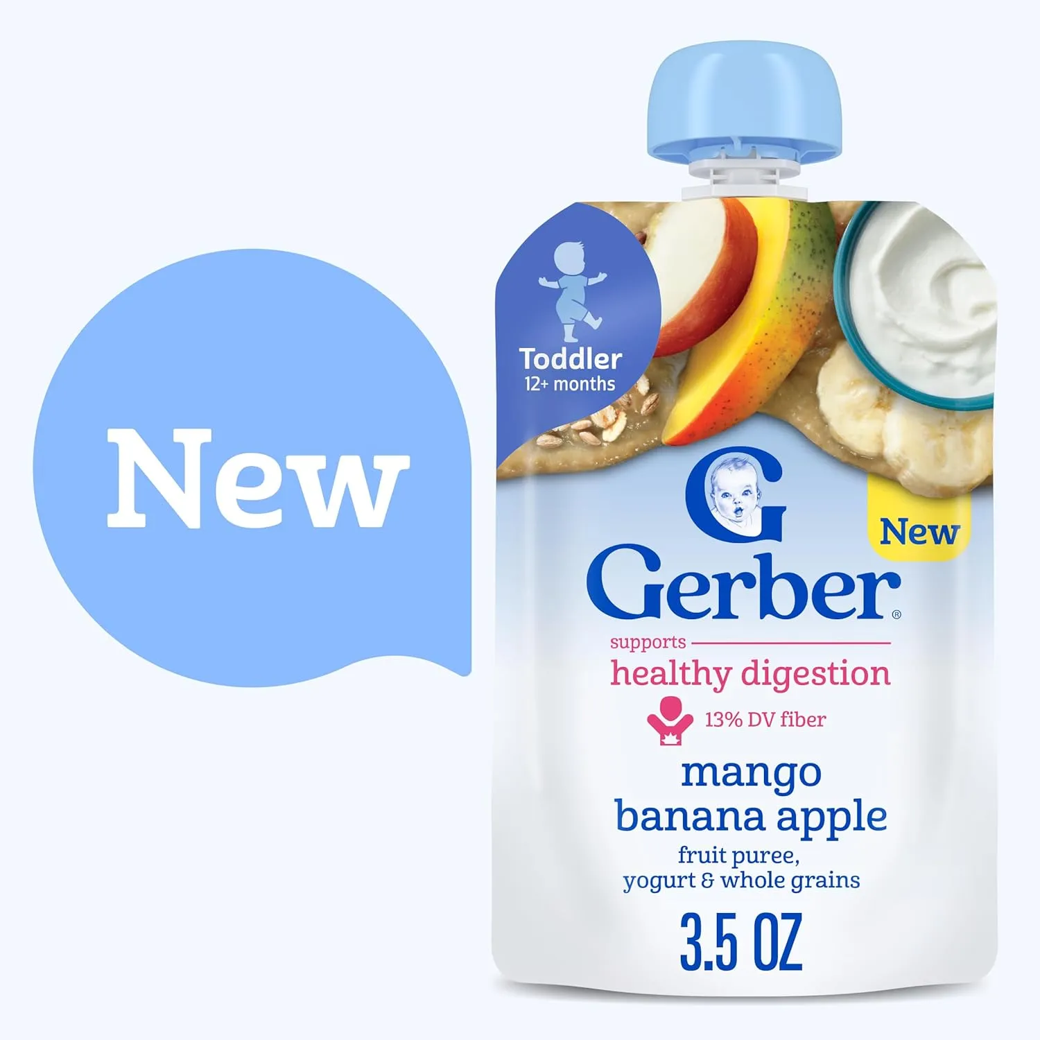 Gerber Toddler Food, Baby Food Pouches for Toddlers, Mango Banana Apple, Fruit Puree, Yogurt & Whole Grains, Fiber Helps Support Healthy Digestion, No Artificial Flavors, 3.5oz each (Pack of 12)